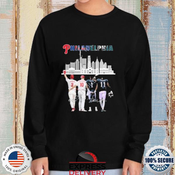 Philadelphia skyline philadelphia phillies and philadelphia eagles  signatures 2022 shirt, hoodie, sweater, long sleeve and tank top