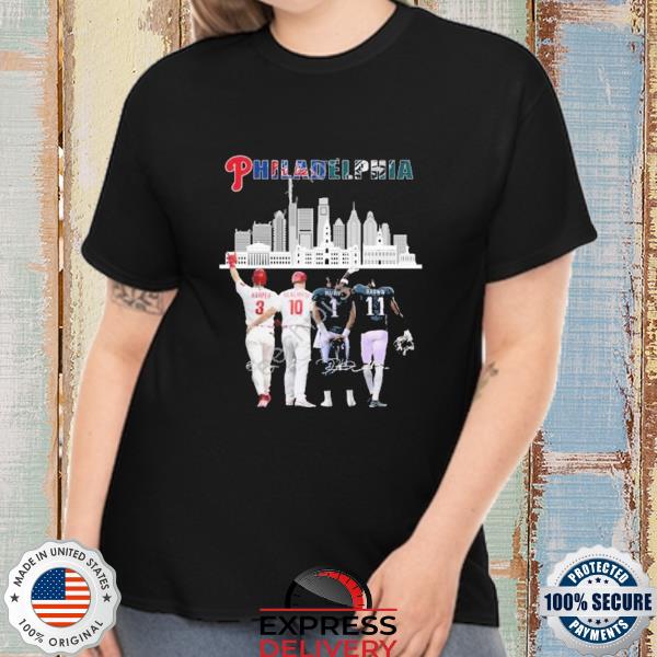 Philadelphia skyline philadelphia phillies and philadelphia eagles signatures 2022 shirt