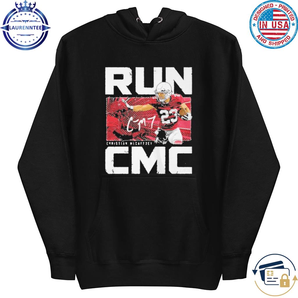 Christian McCaffrey 23 Run CMC Sanfrancisco 49ers football player signature  draw poster gift shirt, hoodie, sweater, long sleeve and tank top