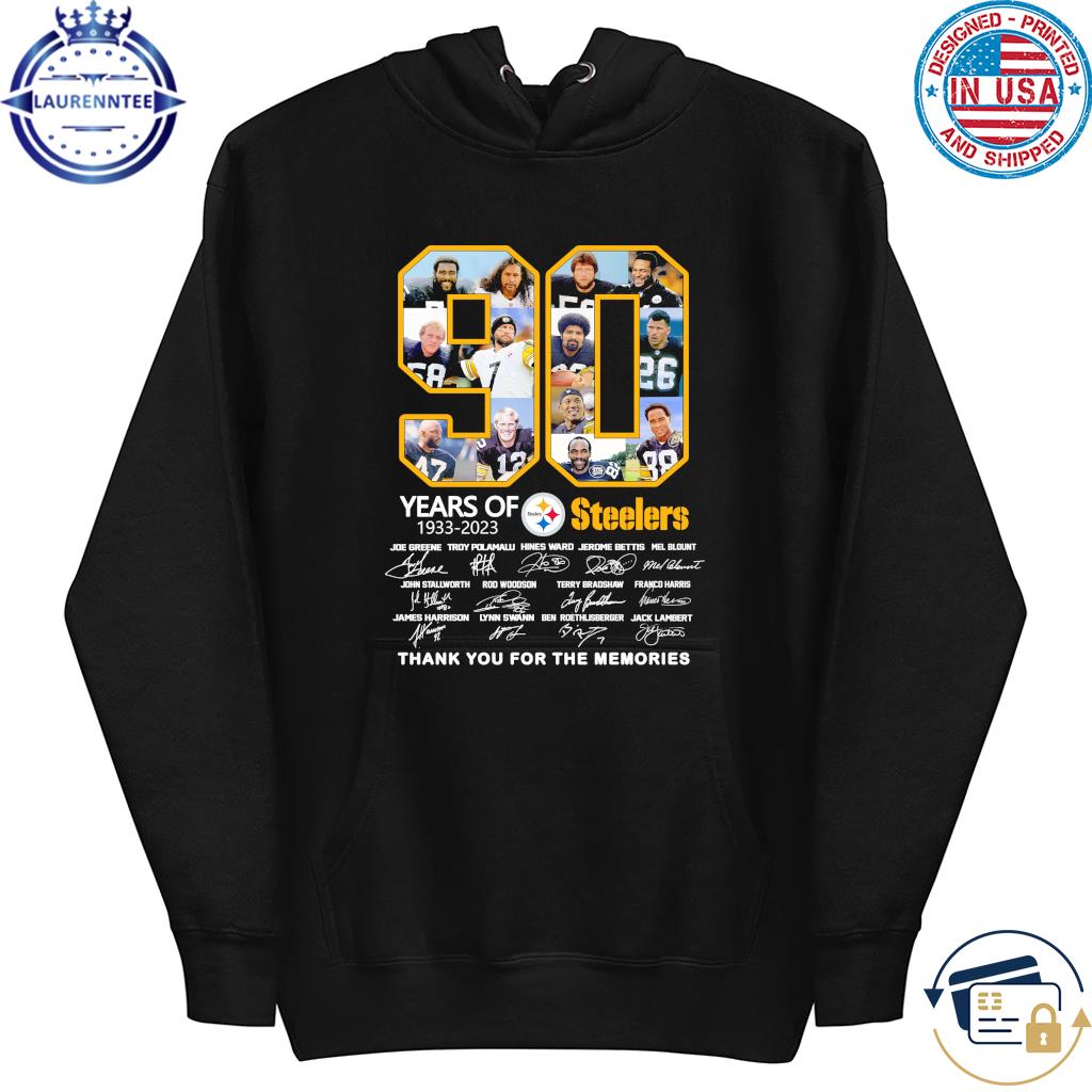 Funny Pittsburgh steelers 90 years of 1933 2023 thank you for the memories  signatures shirt, hoodie, sweater, long sleeve and tank top