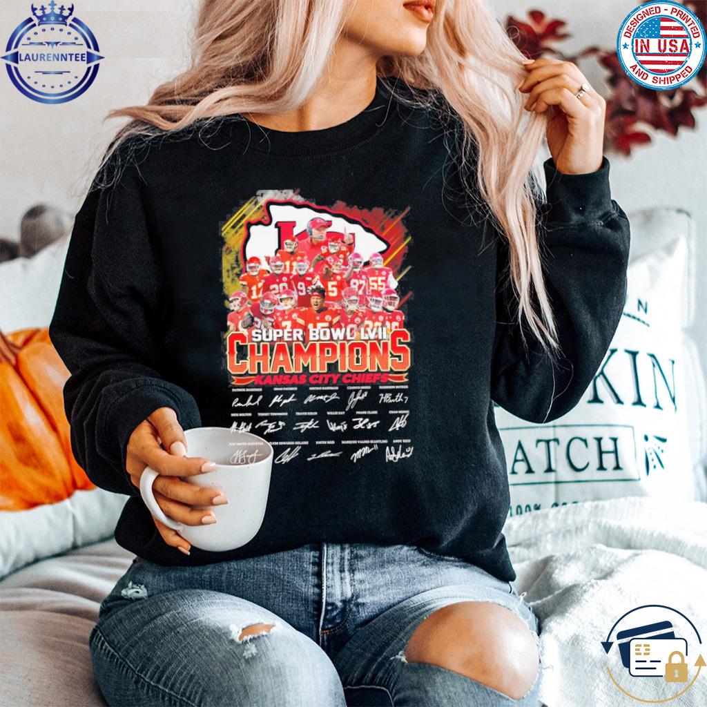 The Kansas city Chiefs 2023 lvii super bowl champions signatures shirt,  hoodie, sweater, long sleeve and tank top