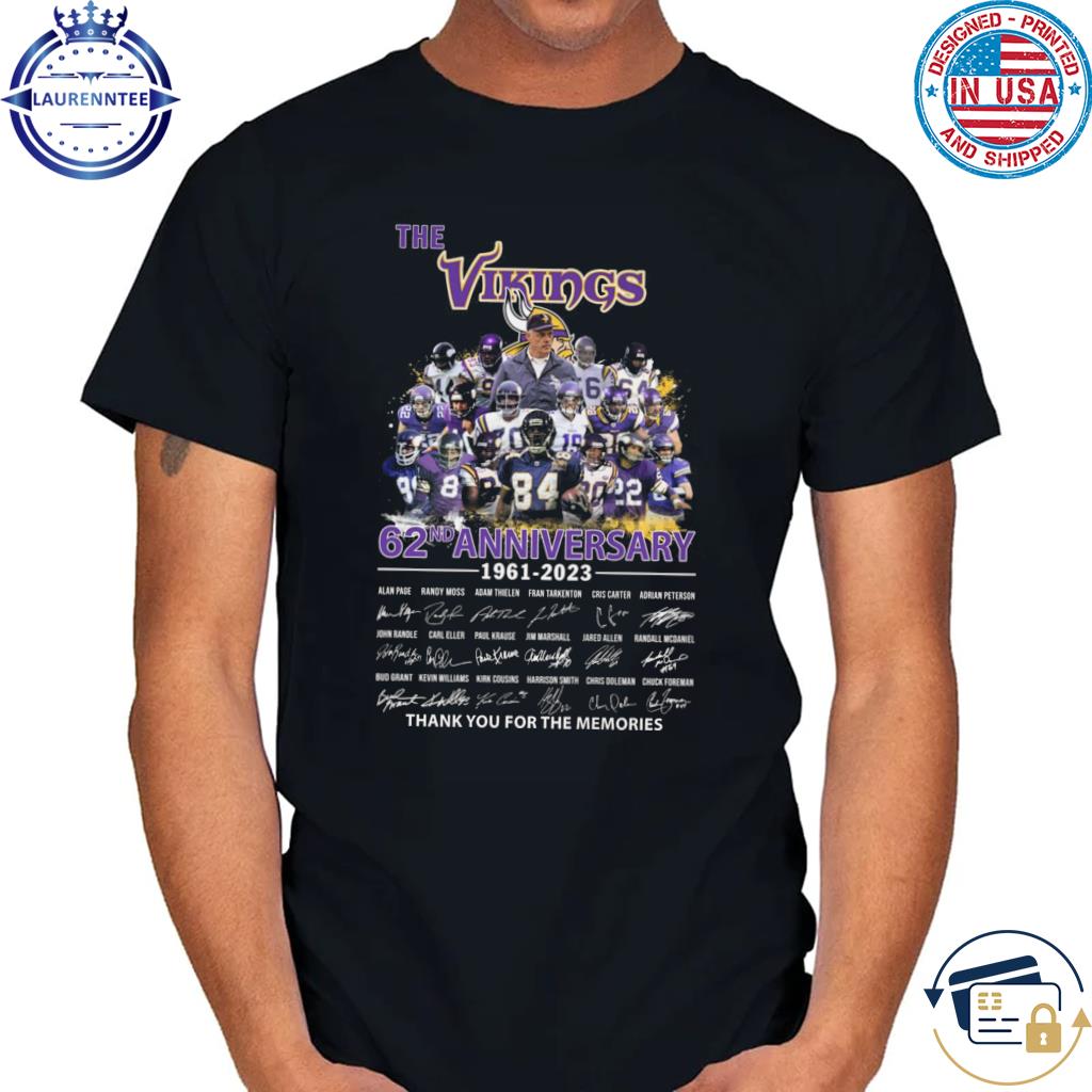 Minnesota Vikings 62th anniversary 1961-2023 thank you for the memories  signatures shirt, hoodie, sweater, long sleeve and tank top