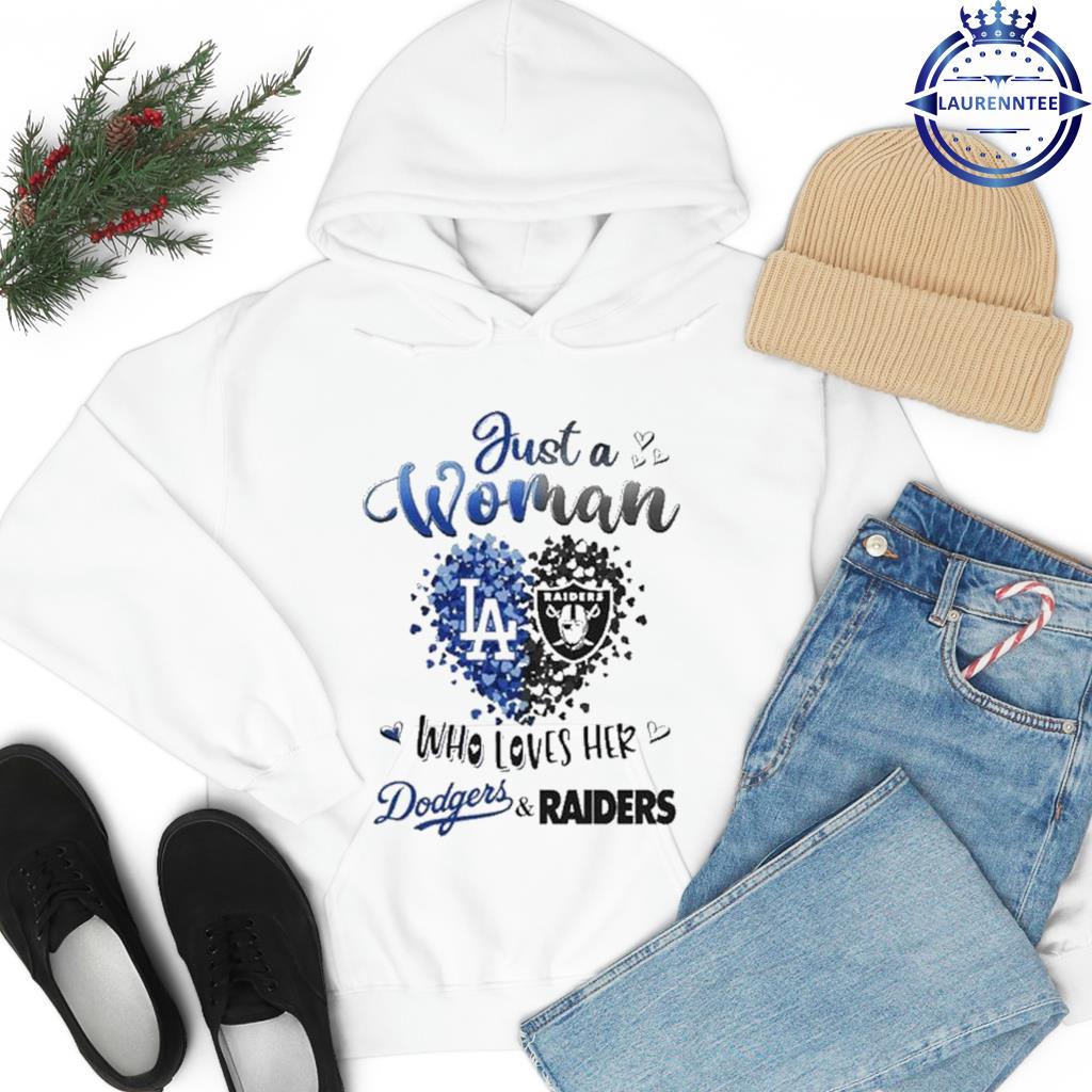 Just A Woman Who Loves Her Dodgers And Raiders Color Tee Shirt