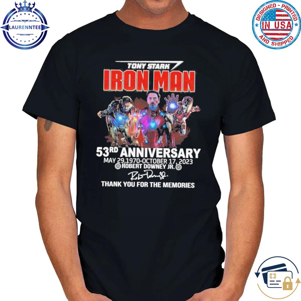 Tony stark iron man 53rd anniversary may 29 1970 october 17 2023 robert downey jr thank you for the memories shirt