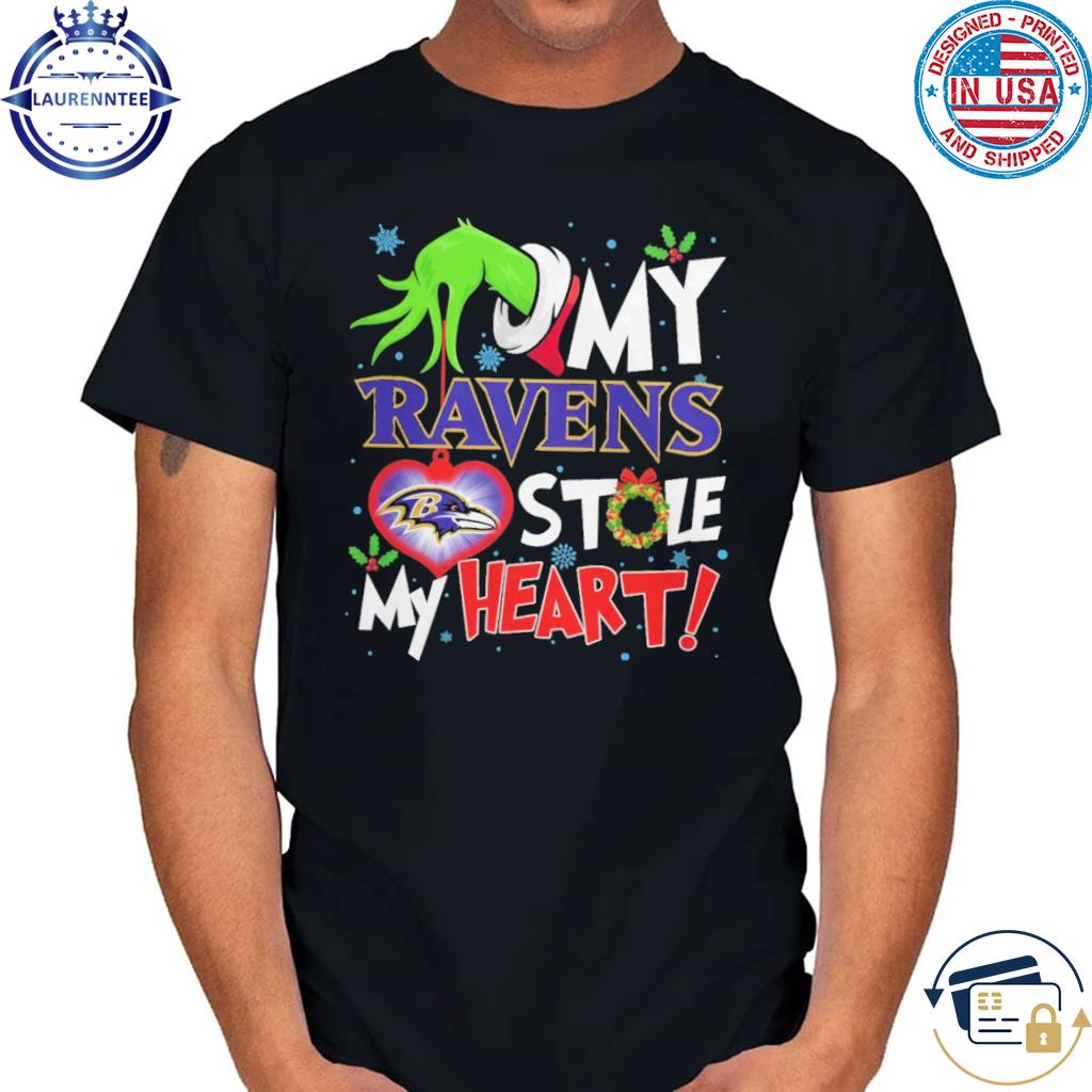 Grinch hand my baltimore ravens stole my heart Christmas sweater